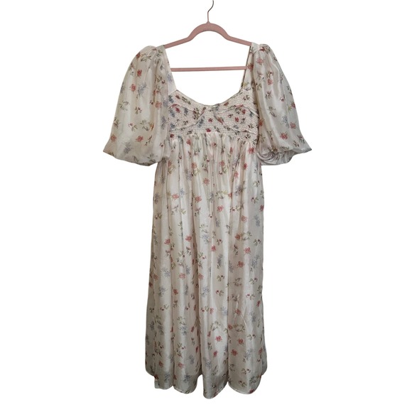 Worth Collective Dresses & Skirts - Worth Collective Harlow Smocked Midi Dress Size M Pink Cream Puff Sleeve Floral